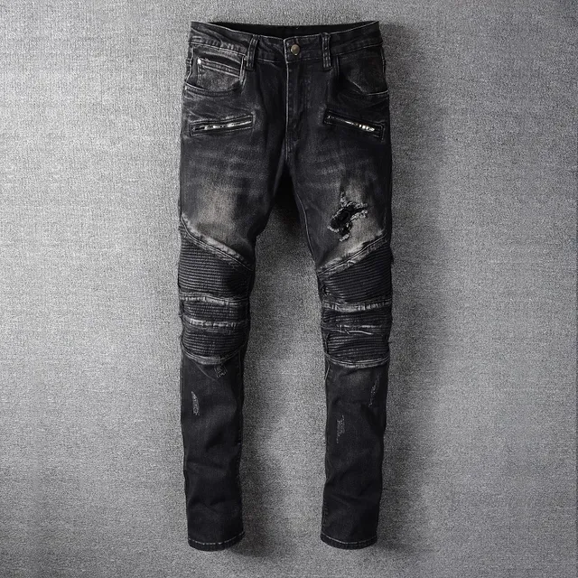Balmain Pantalon Jean Distressed Noir Style Moto avec Poches à Zipper 9