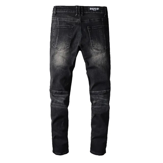 Balmain Pantalon Jean Distressed Noir Style Moto avec Poches à Zipper 14