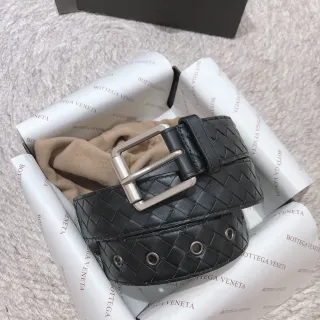 Bottega Veneta Black Silver Intrecciato Woven Rectangular Buckle Leather Belt