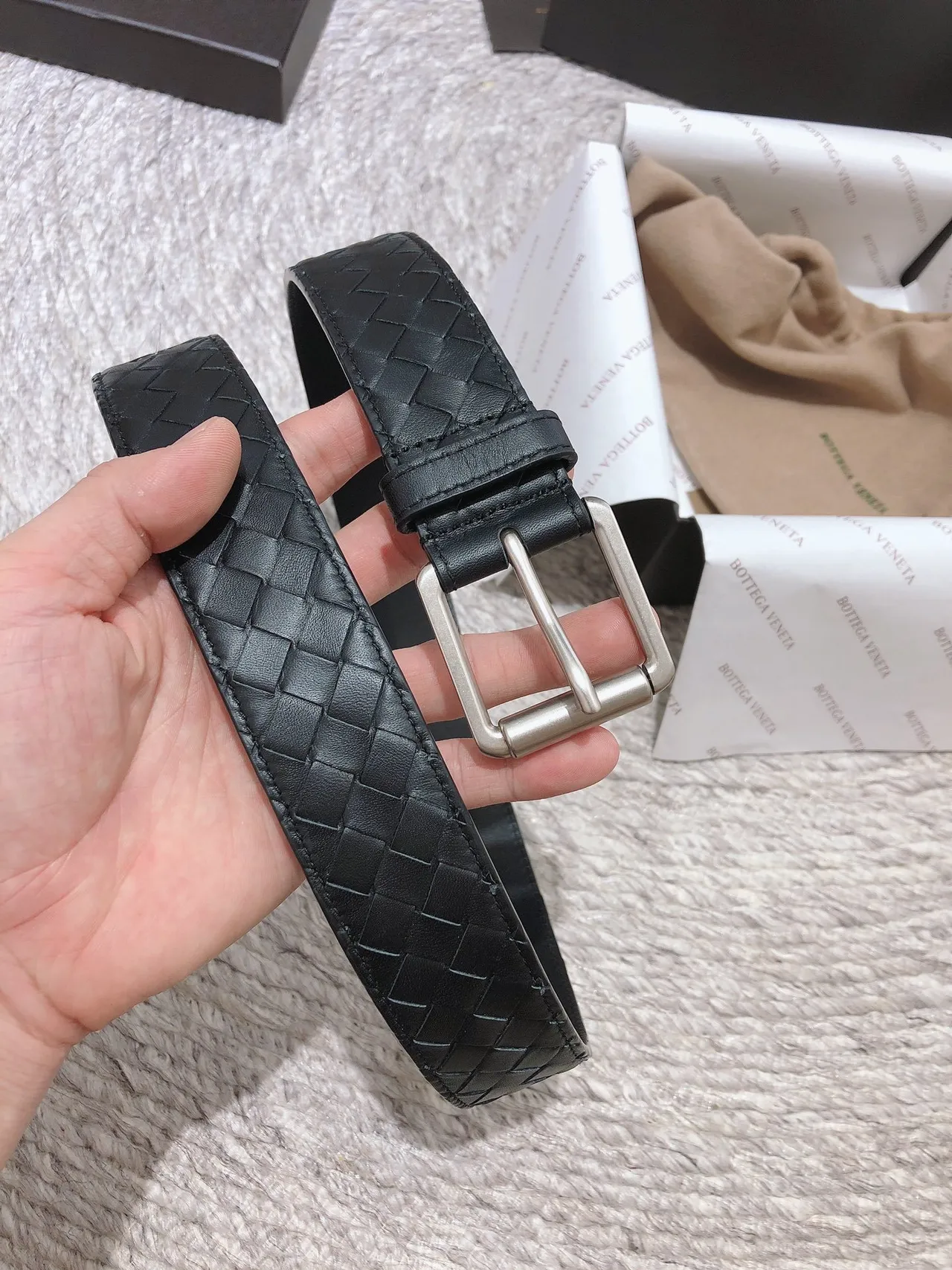 Bottega Veneta Black Silver Intrecciato Woven Rectangular Buckle Leather Belt 2