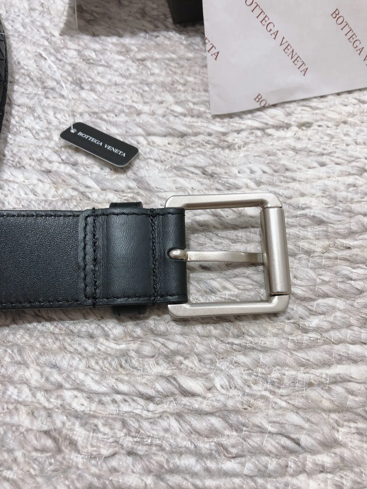 Bottega Veneta Black Silver Intrecciato Woven Rectangular Buckle Leather Belt 3