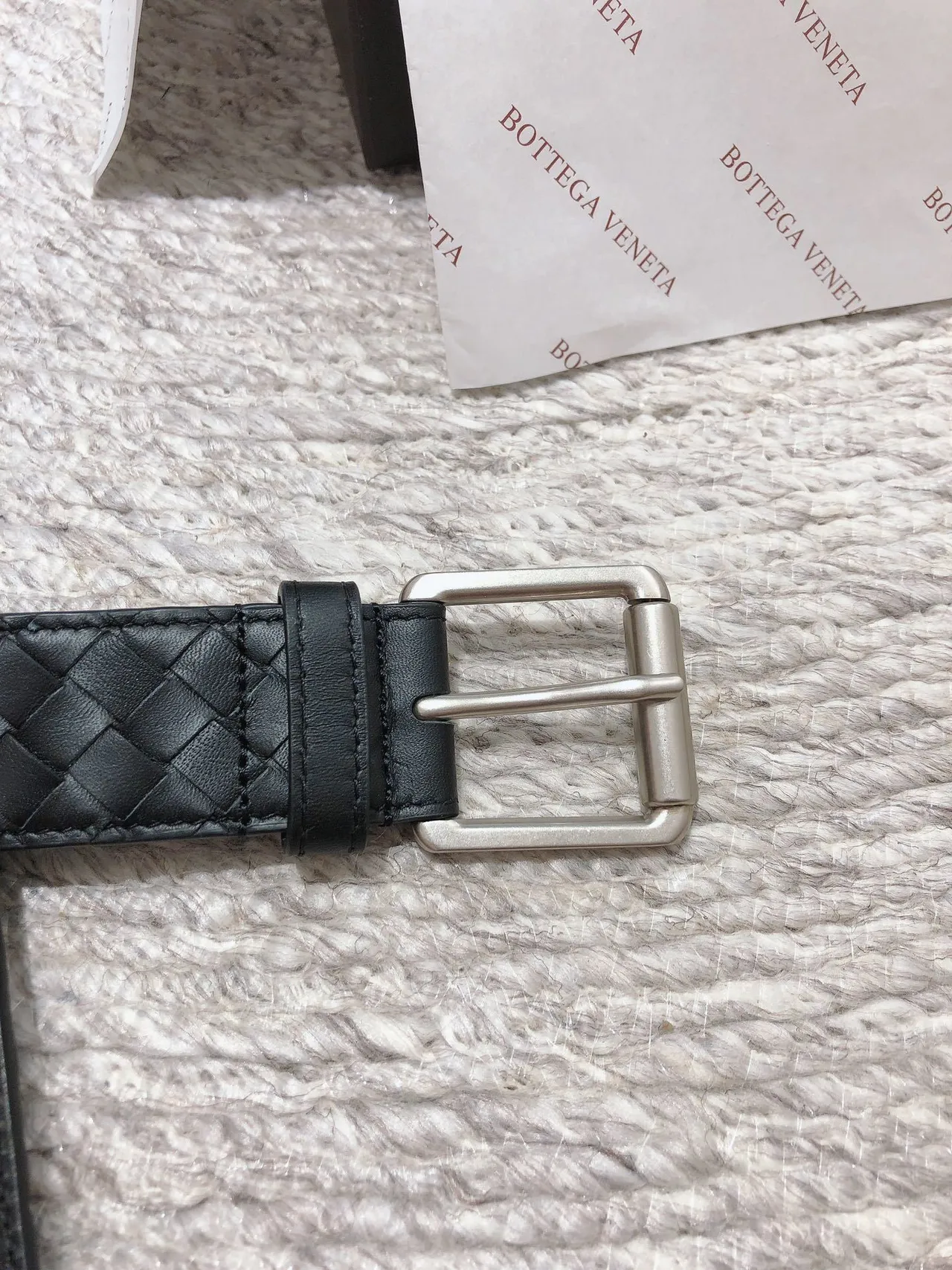 Bottega Veneta Black Silver Intrecciato Woven Rectangular Buckle Leather Belt 4