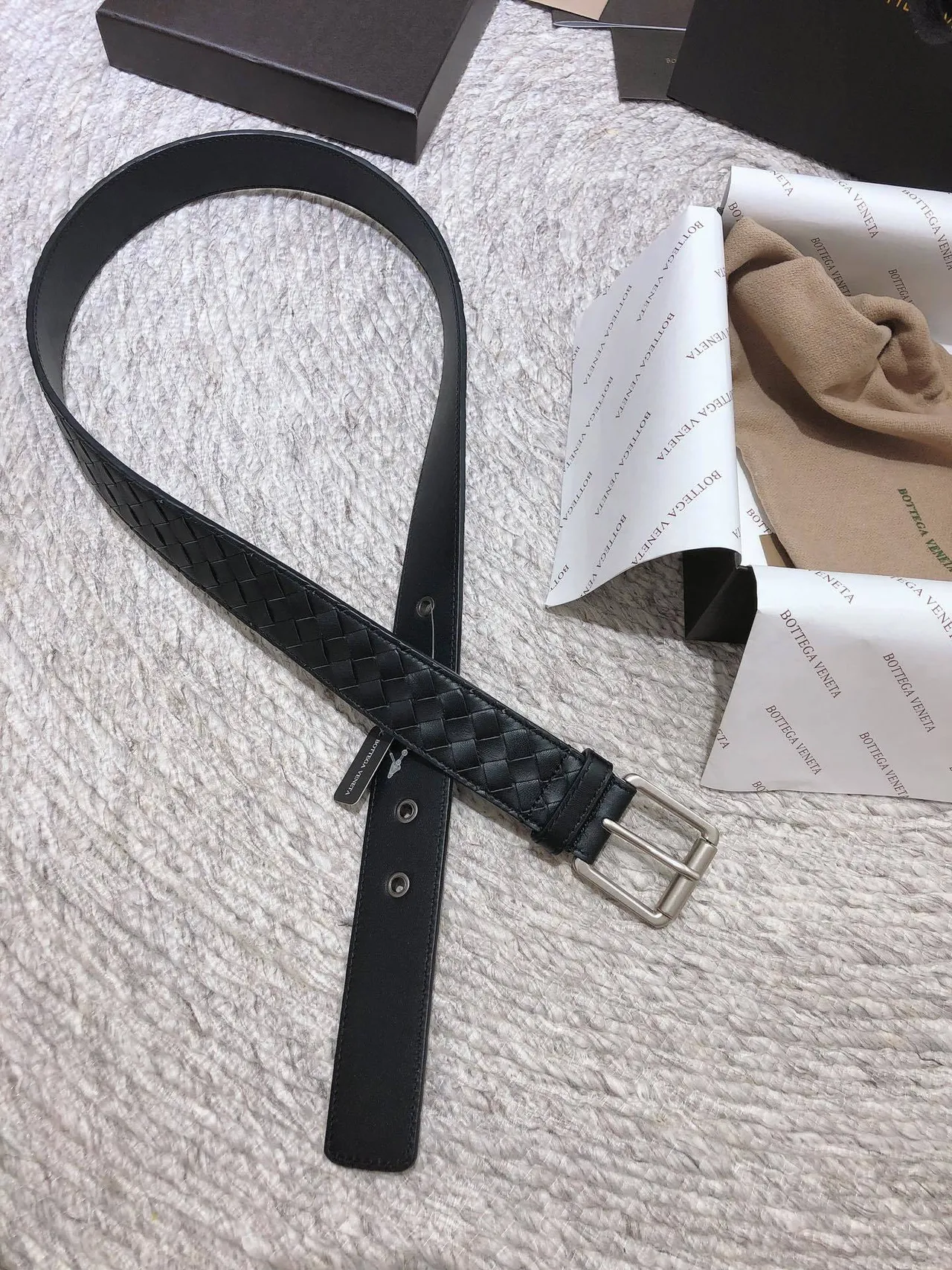 Bottega Veneta Black Silver Intrecciato Woven Rectangular Buckle Leather Belt 5