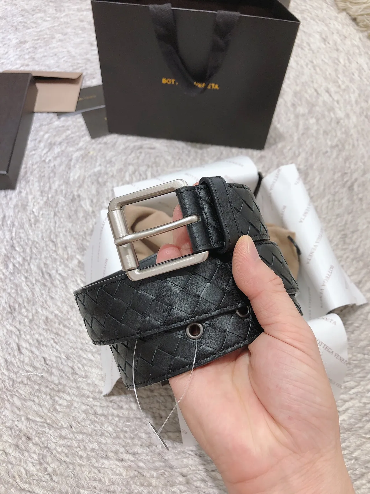 Bottega Veneta Black Silver Intrecciato Woven Rectangular Buckle Leather Belt 6
