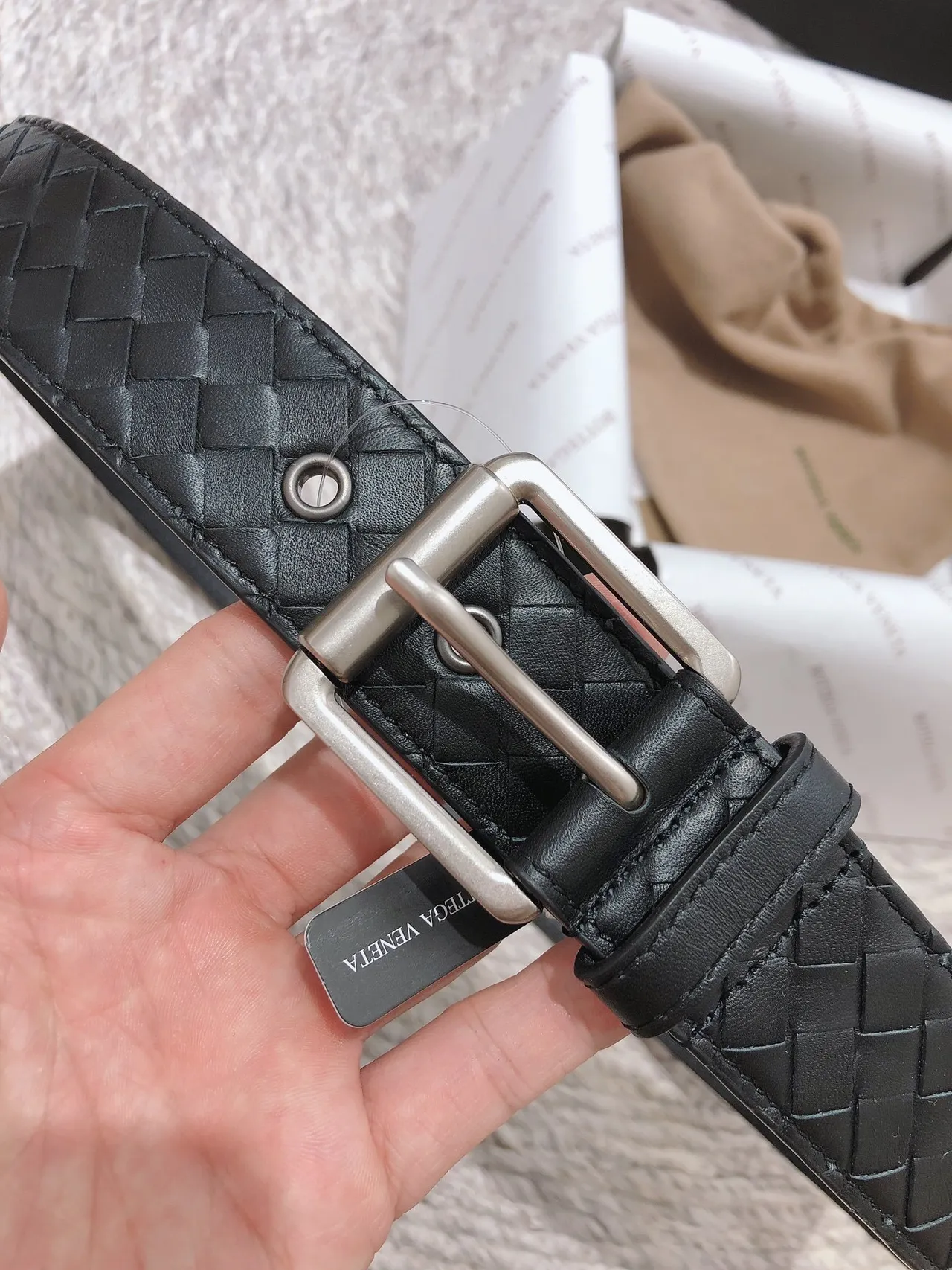 Bottega Veneta Black Silver Intrecciato Woven Rectangular Buckle Leather Belt 7