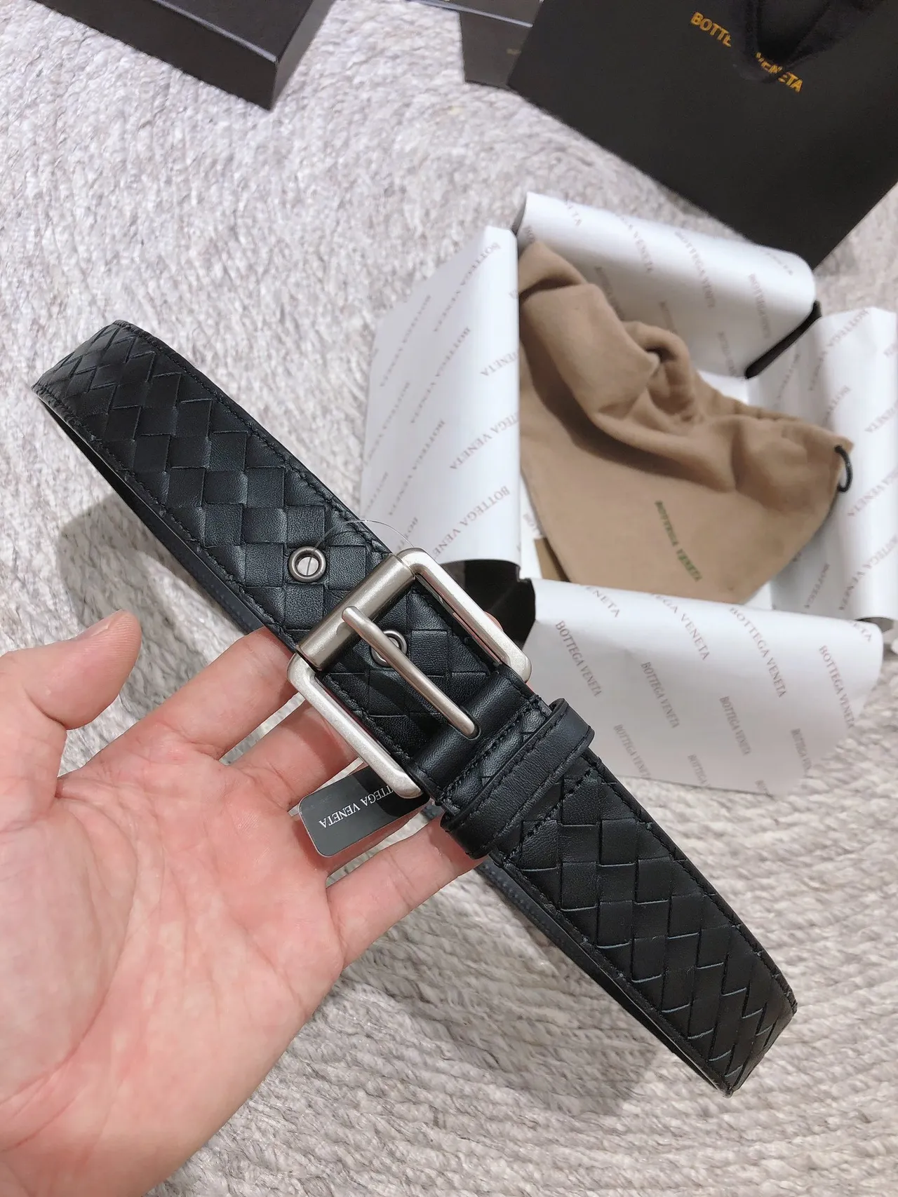 Bottega Veneta Black Silver Intrecciato Woven Rectangular Buckle Leather Belt 8
