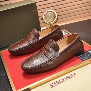Bottega Veneta Brown Beige Ostrich Leather Penny Strap Loafer