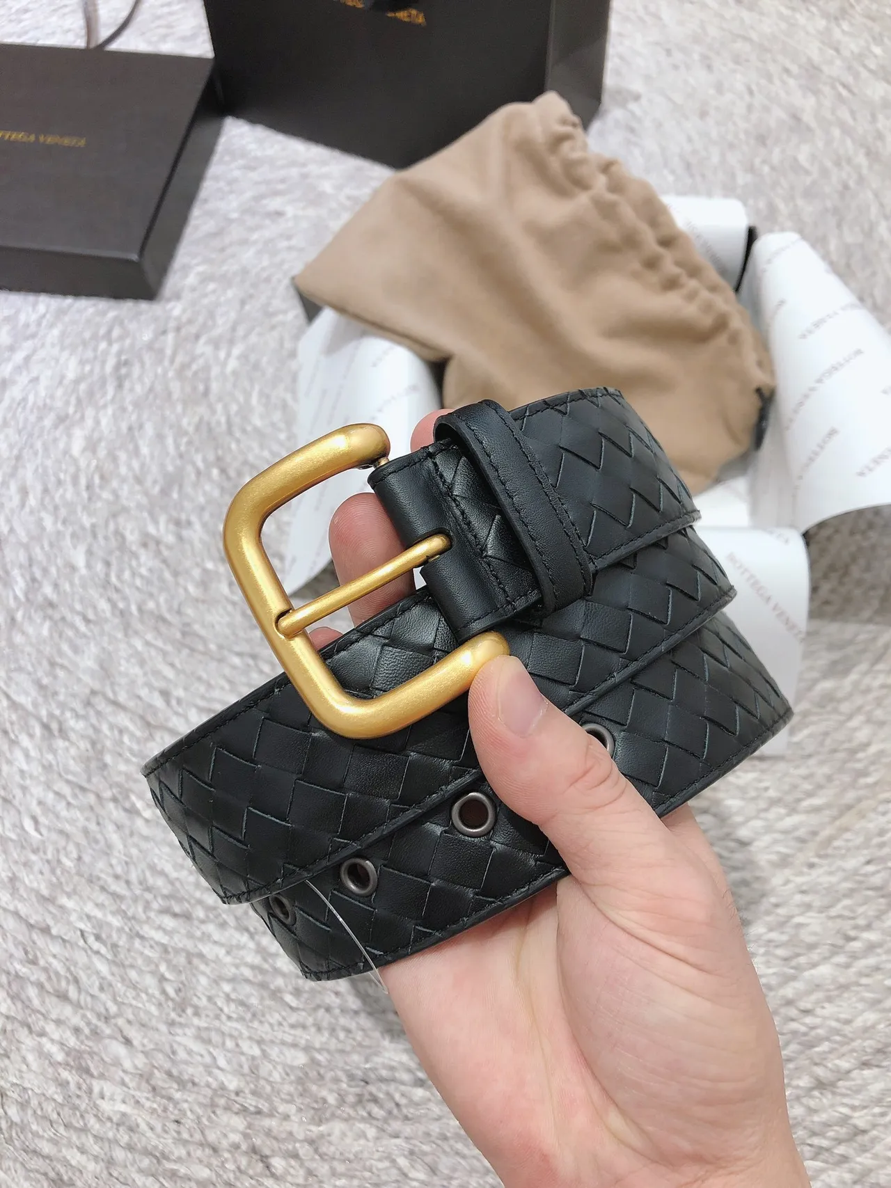 Bottega Veneta Cassette Intrecciato Black Leather Belt 6