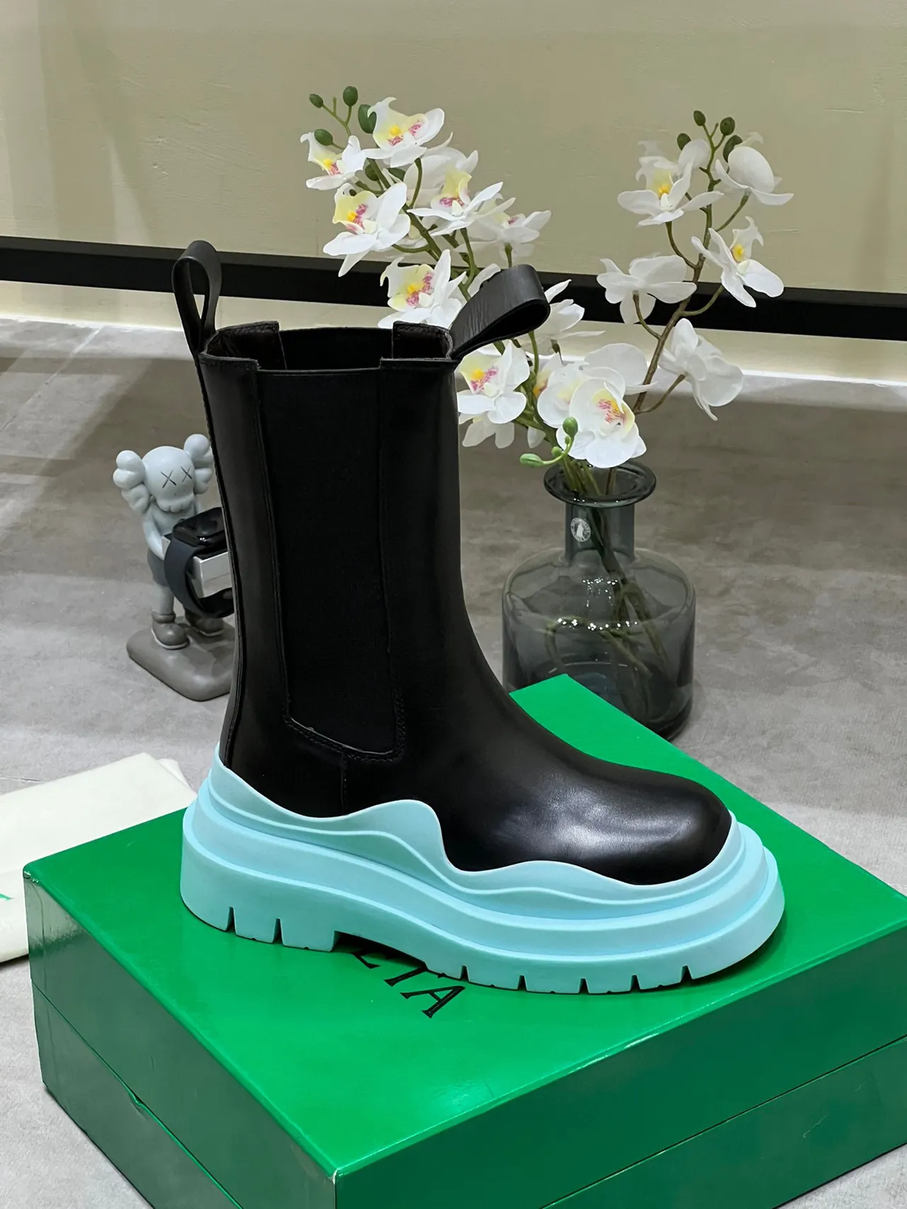 Bottega Veneta Le Cagole Black and Aqua Platform Ankle Boots 7