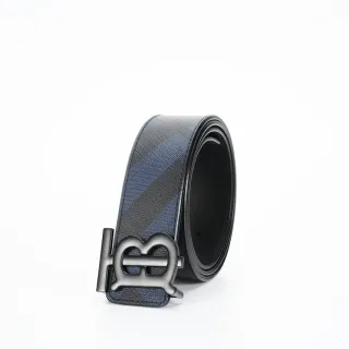 Burberry Negro Marino Patrón de Cuadros Diagonal Hebilla de Monograma Cinturón de Cuero