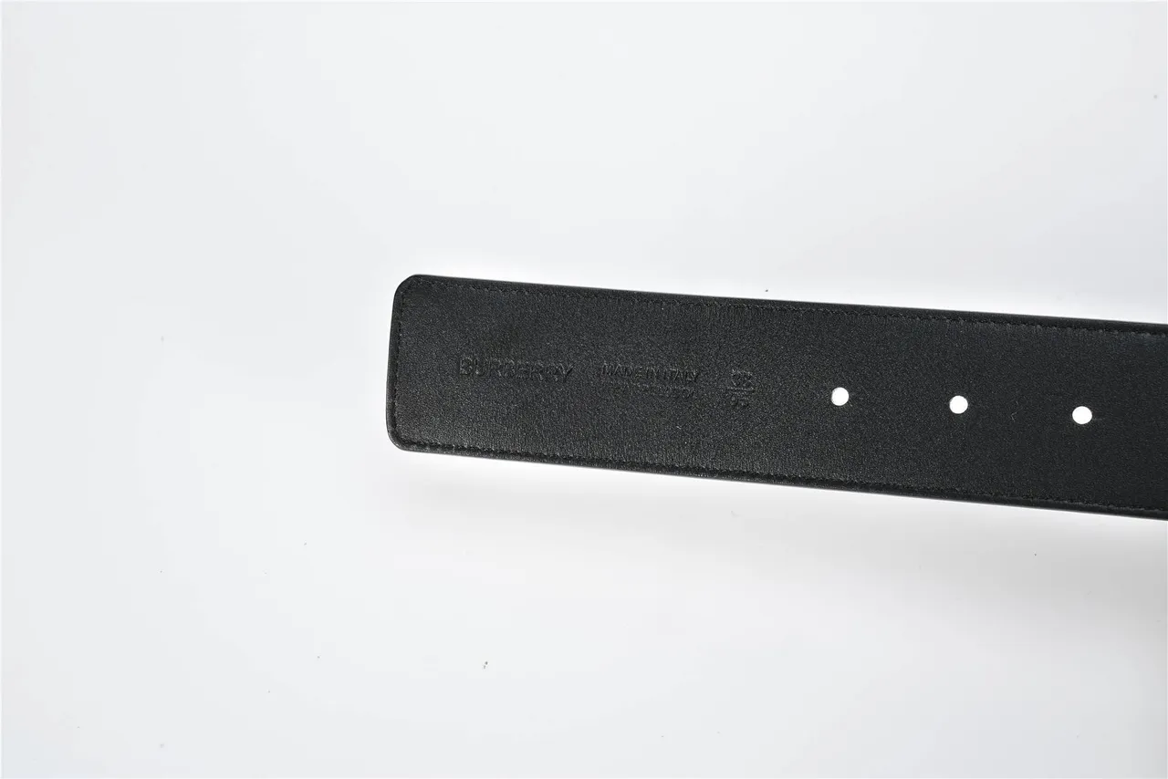 Burberry Black Navy Diagonal Check Pattern Monogram Buckle Leather Belt 2