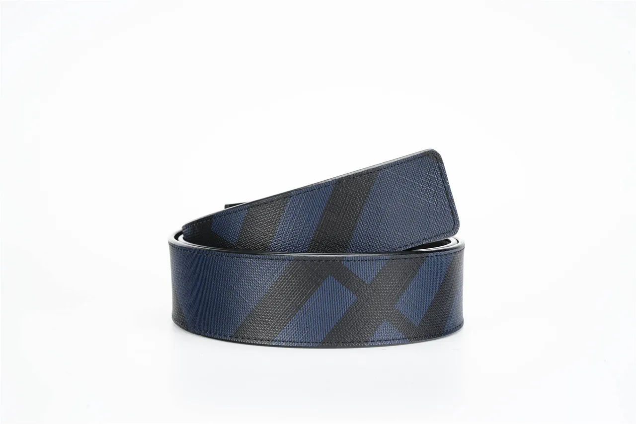 Burberry Black Navy Diagonal Check Pattern Monogram Buckle Leather Belt 4