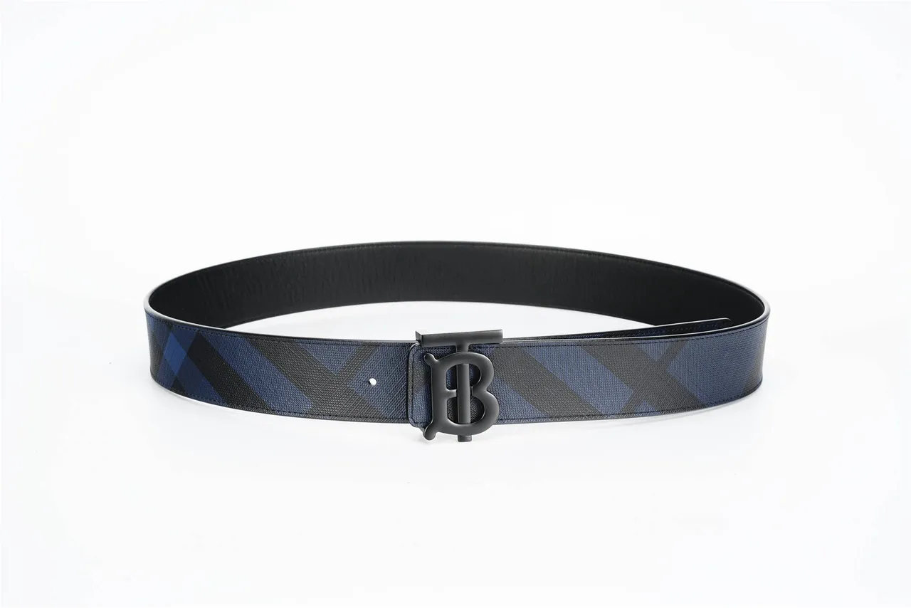 Burberry Black Navy Diagonal Check Pattern Monogram Buckle Leather Belt 9