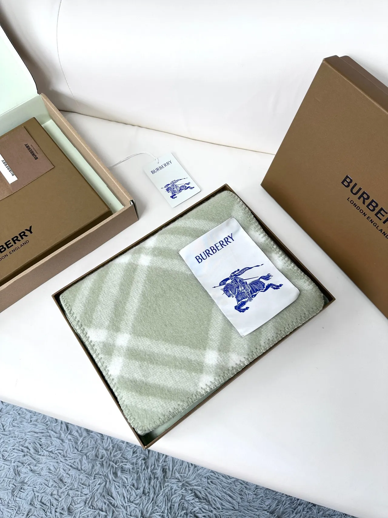 Burberry Écharpe à Carreaux Plaid Vert Beige Apparence Laine Mélangée Écharpe Cachemire 6