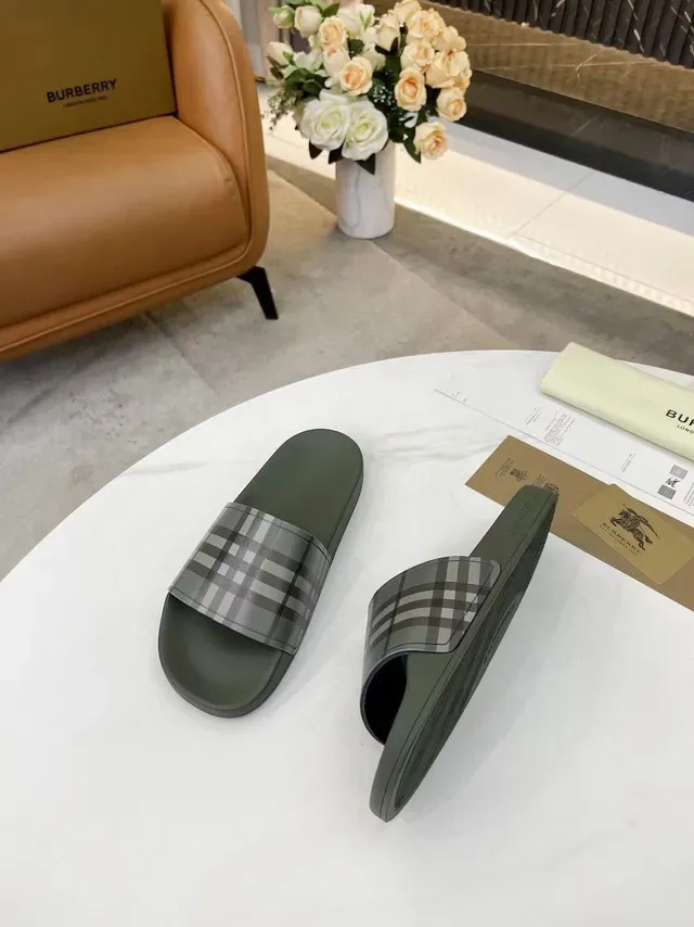 Burberry Check Strap Olive Green Slippers 2