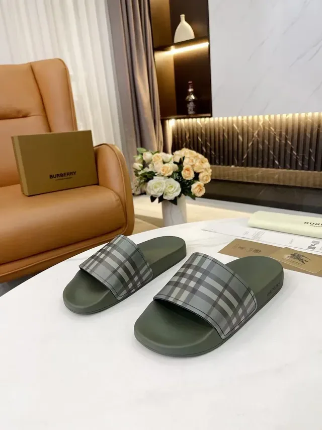 Burberry Check Strap Olive Green Slippers 5