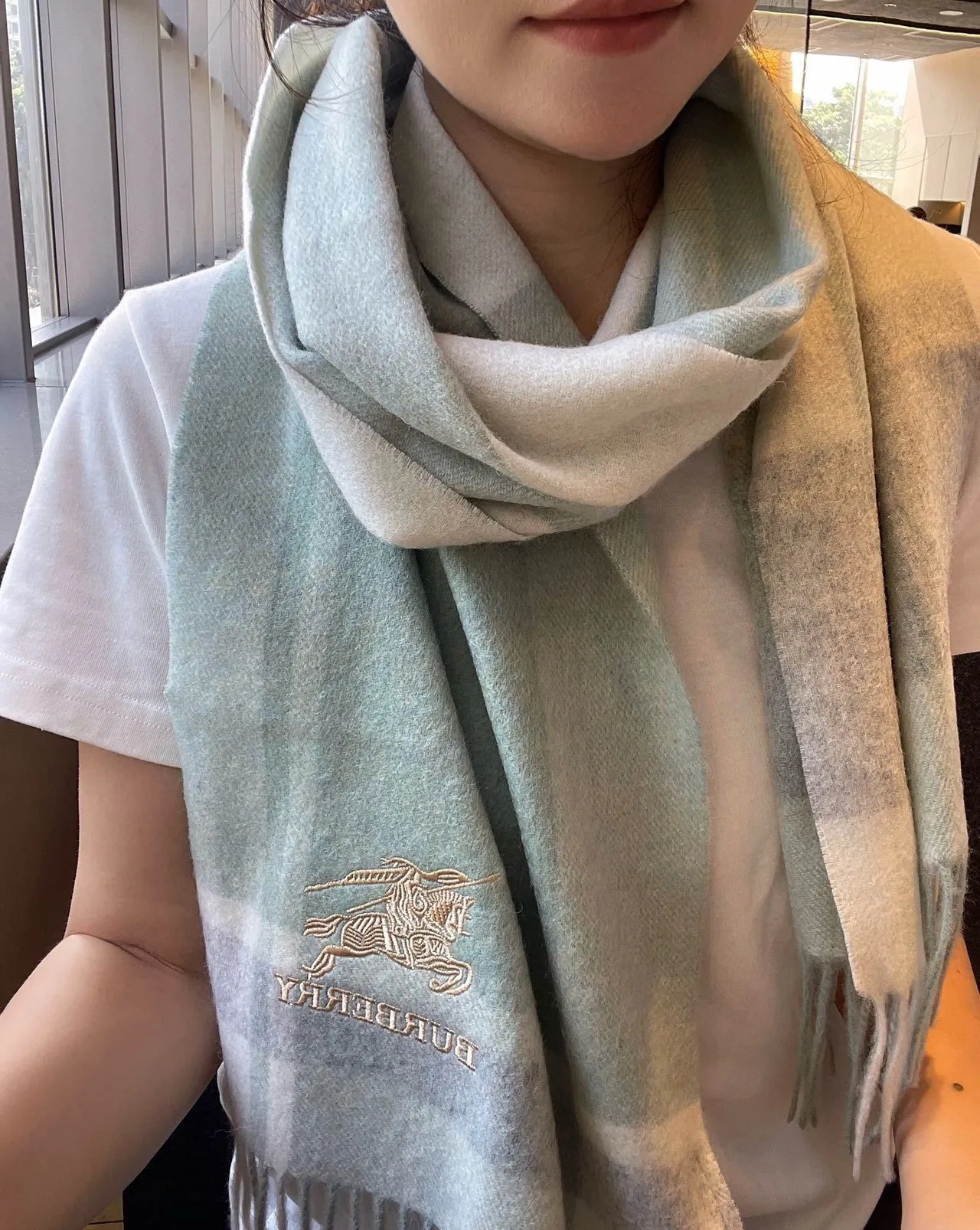 Burberry 绿色米色格子图案刺绣标志羊绒围巾 2