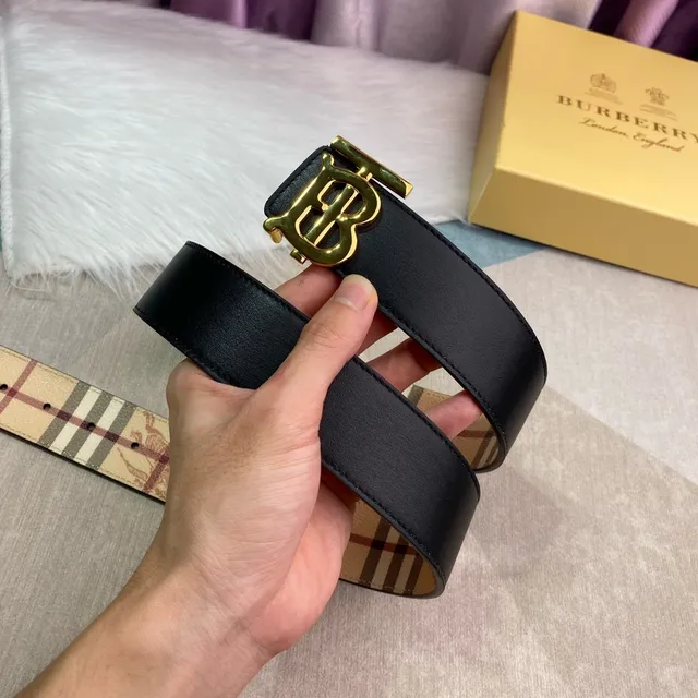 Burberry Knight Cinturón de cuero beige dorado TB Monogram Buckle estampado clásico a cuadros 6