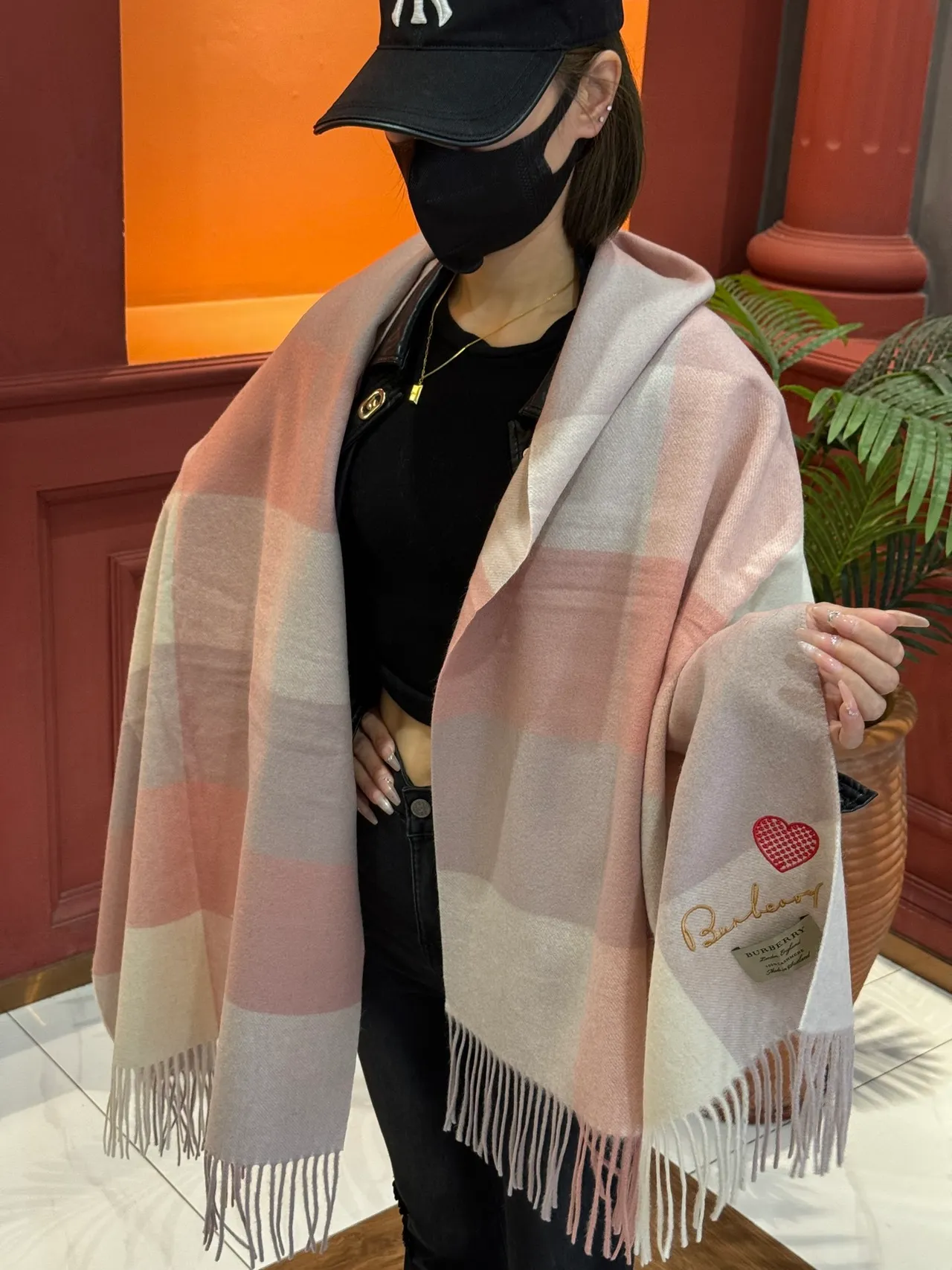 Burberry Pink Beige Plaid Check Embroidered Heart Detail Cashmere Scarf 2