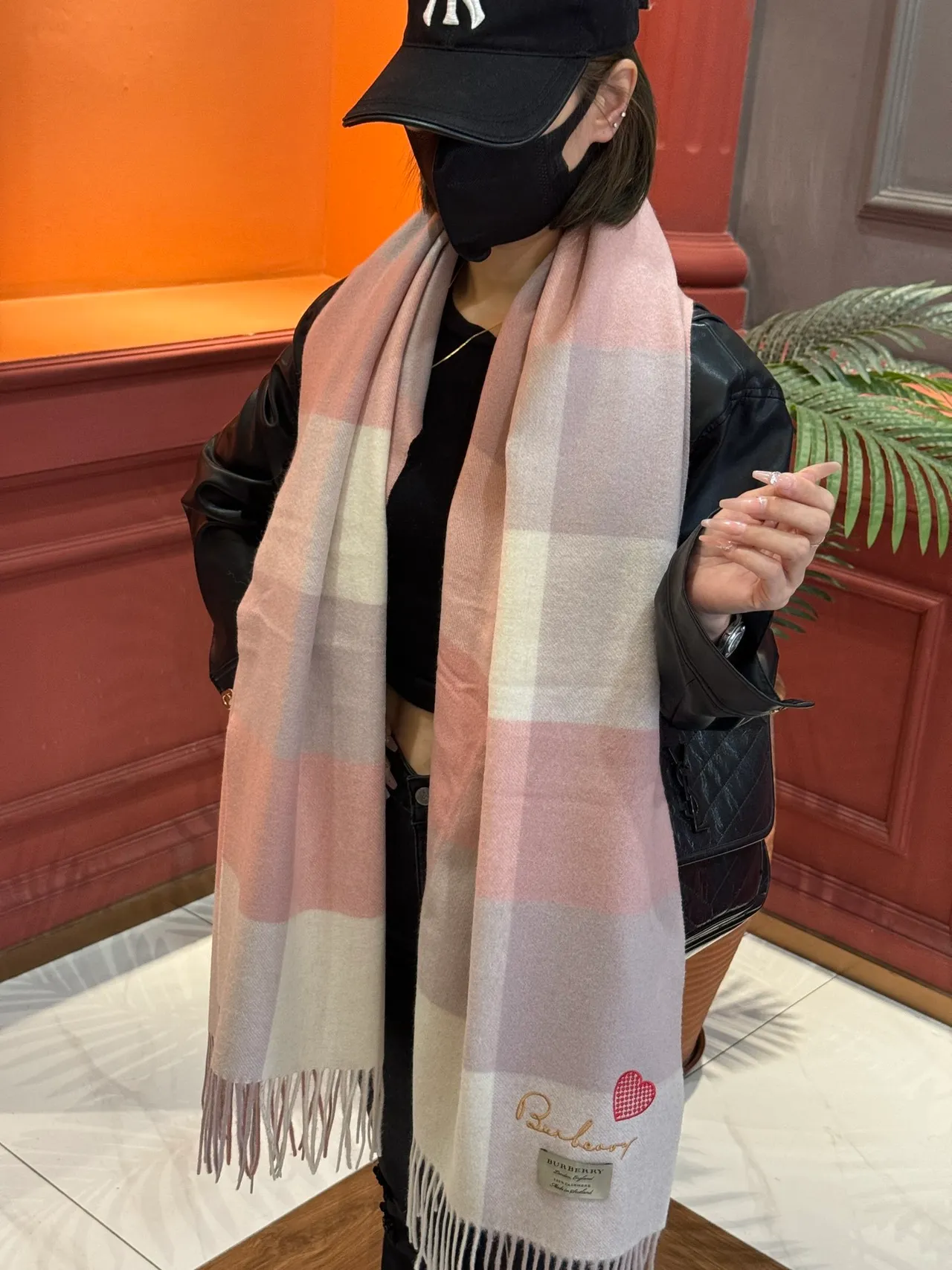Burberry Pink Beige Plaid Check Embroidered Heart Detail Cashmere Scarf 3