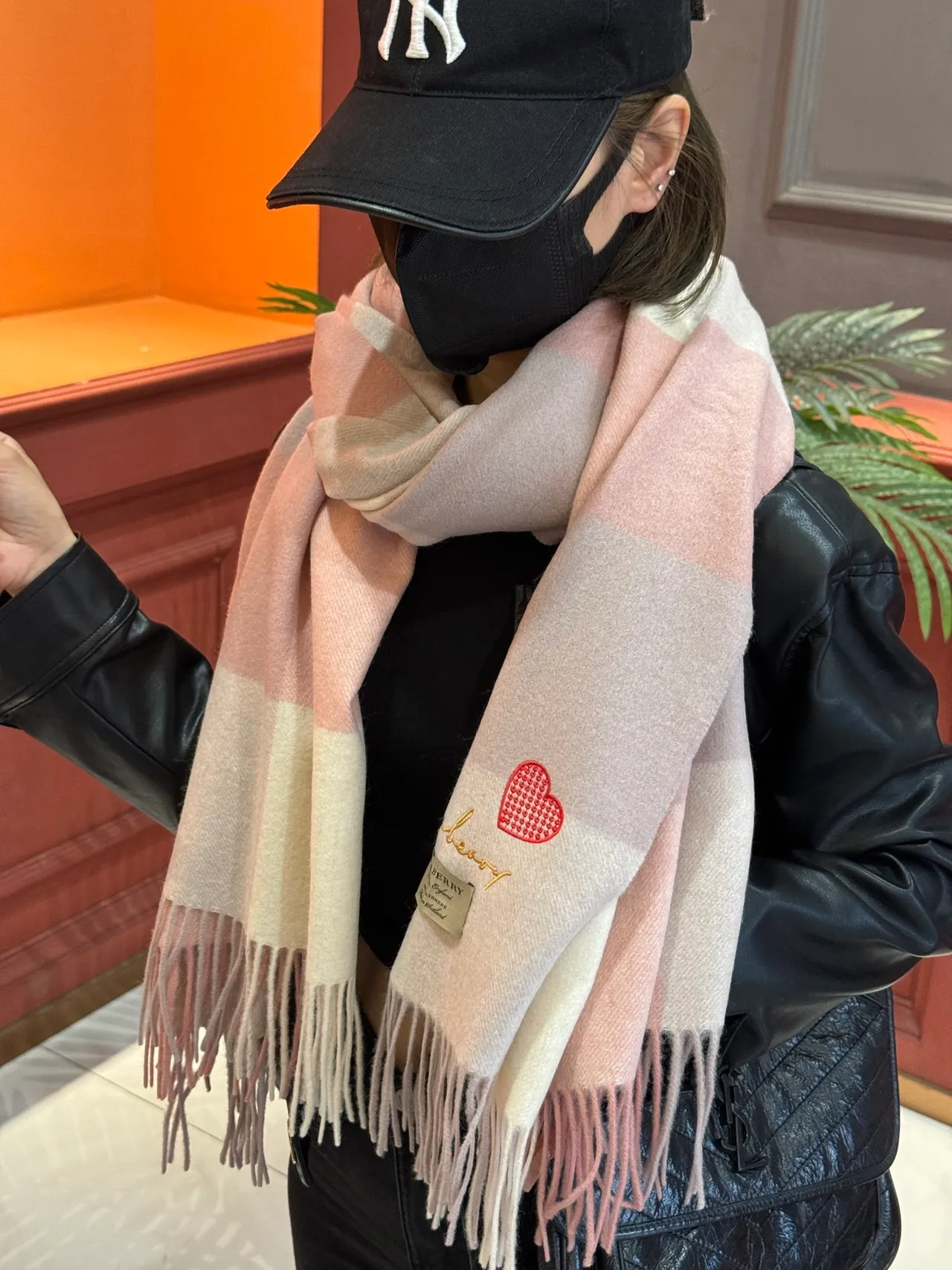 Burberry Pink Beige Plaid Check Embroidered Heart Detail Cashmere Scarf 4
