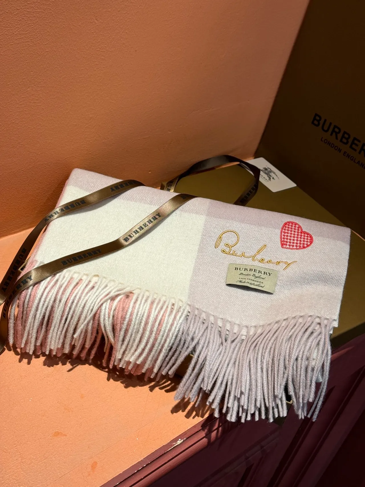 Burberry Pink Beige Plaid Check Embroidered Heart Detail Cashmere Scarf 6