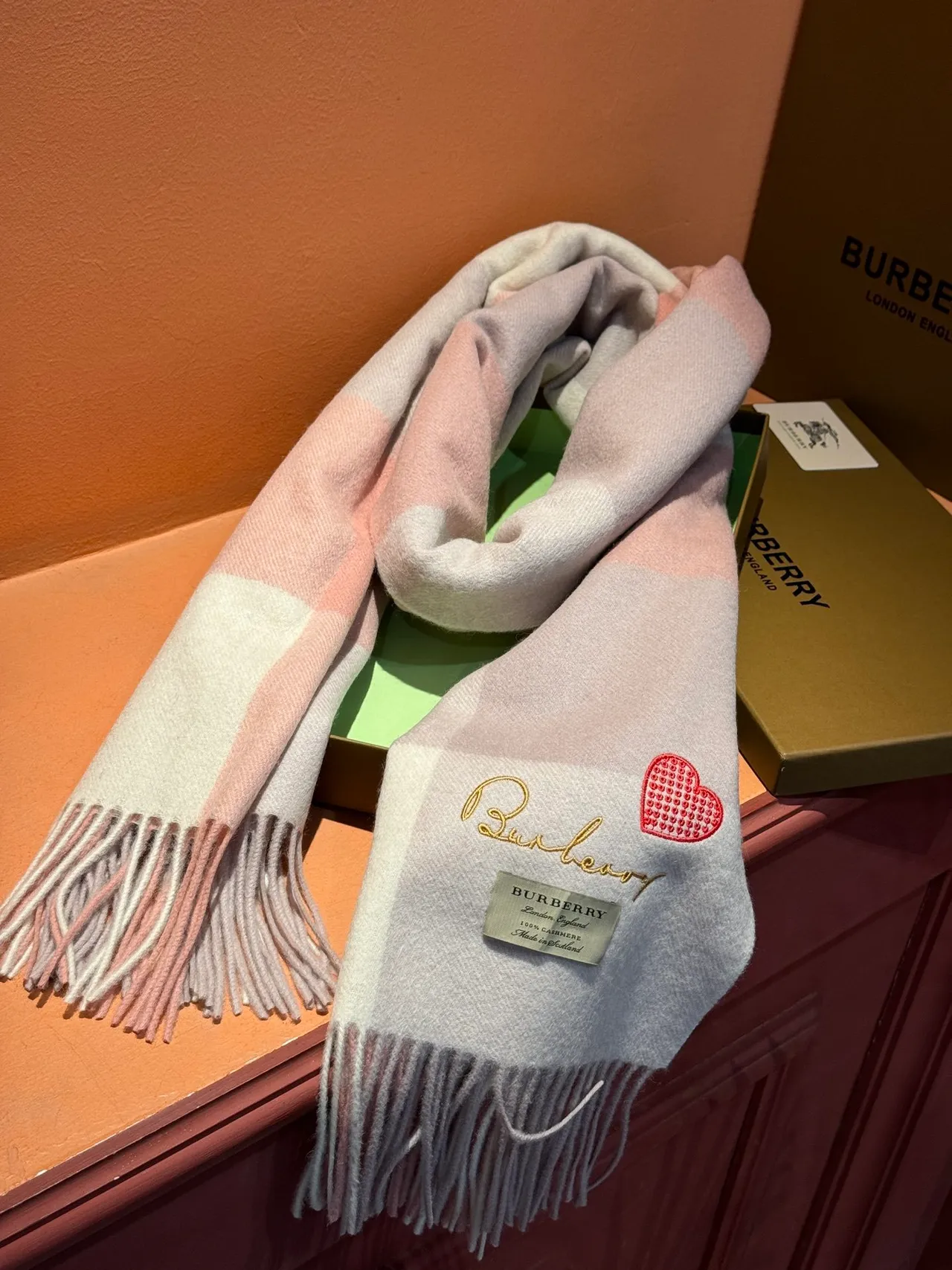 Burberry Pink Beige Plaid Check Embroidered Heart Detail Cashmere Scarf 7