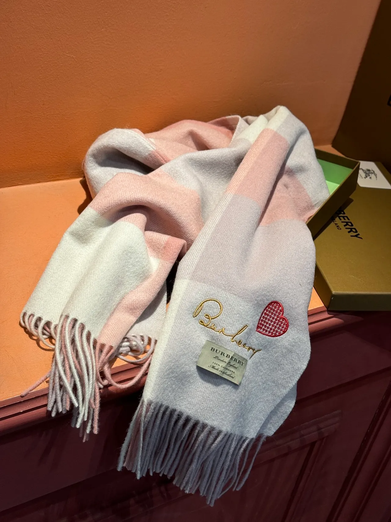 Burberry Pink Beige Plaid Check Embroidered Heart Detail Cashmere Scarf 8