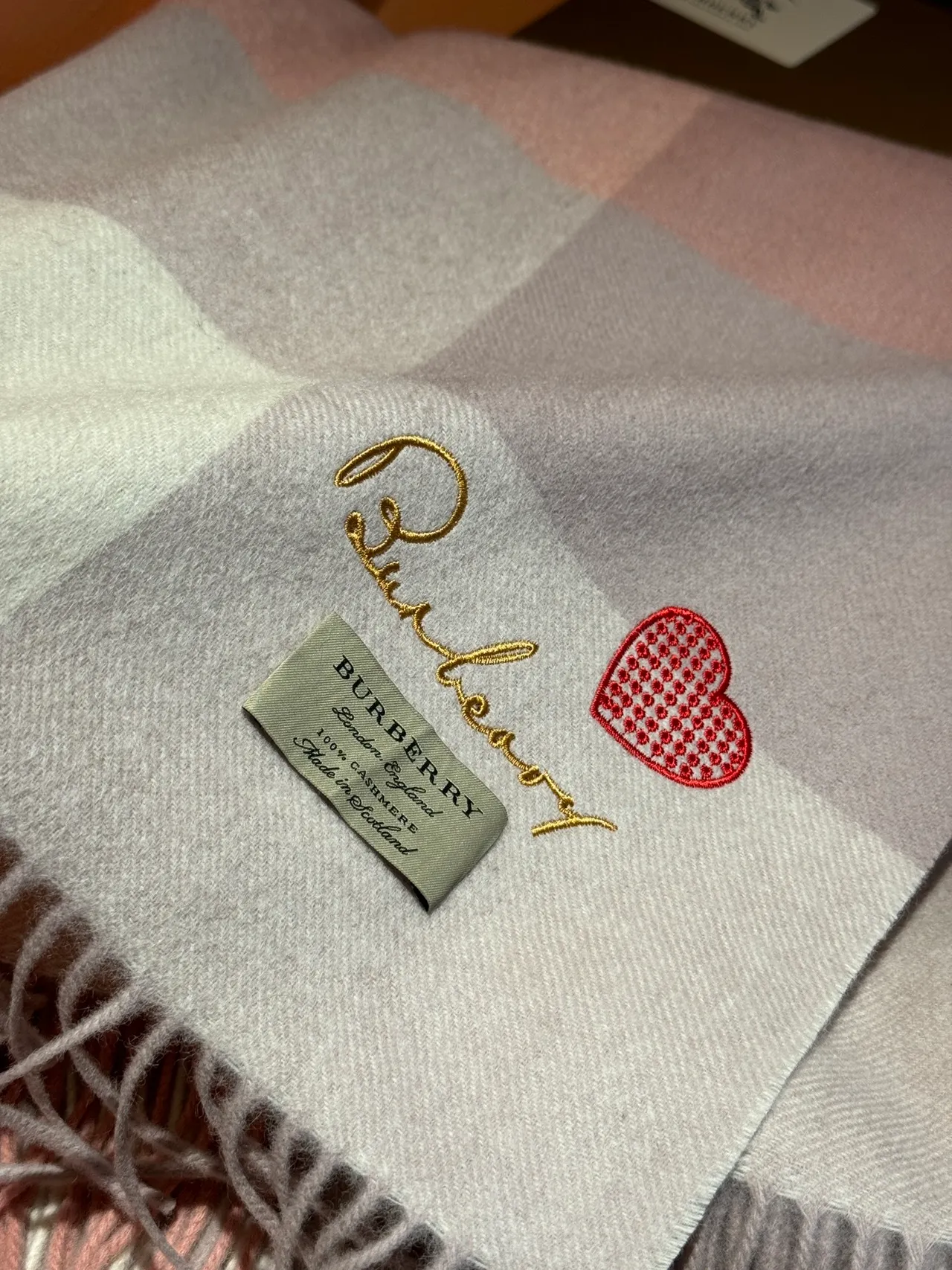 Burberry Pink Beige Plaid Check Embroidered Heart Detail Cashmere Scarf 9