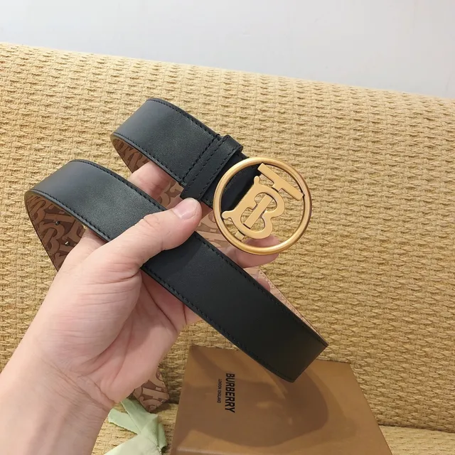 Burberry TB Belt Black Gold Smooth Circular Monogram Buckle Leather Belt 2