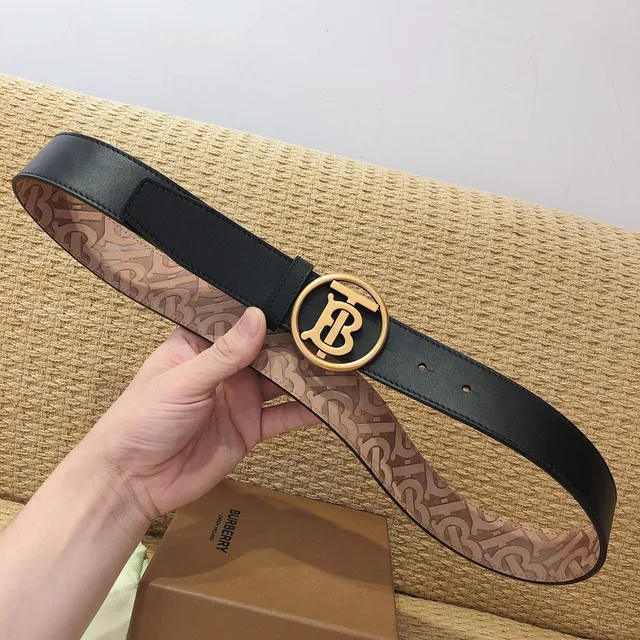 Burberry TB Belt Black Gold Smooth Circular Monogram Buckle Leather Belt 8