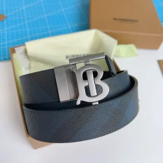 Burberry TB Buckle Belt Navy Blue Gray Check Leather Belt