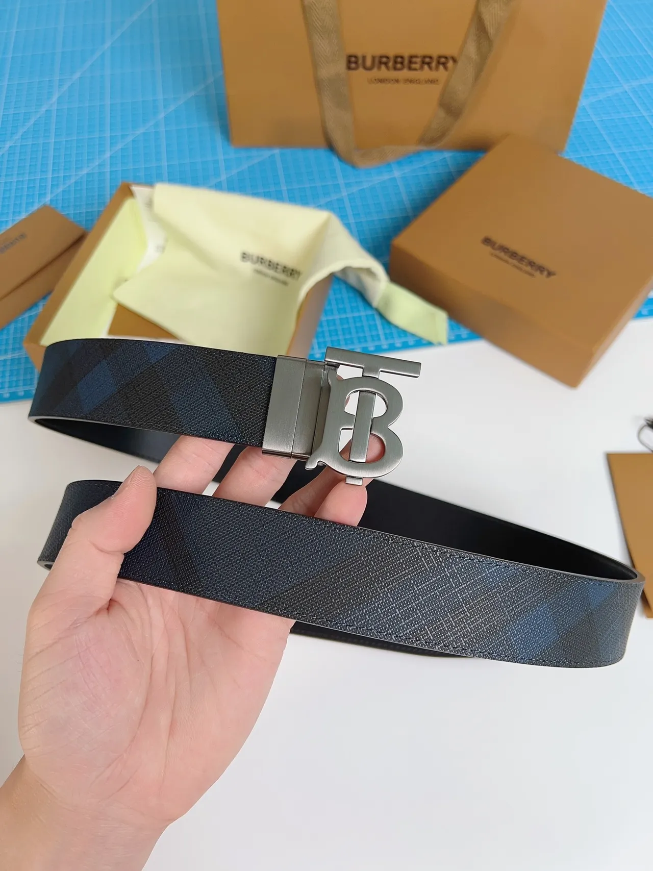 Burberry TB Buckle Belt Navy Blue Gray Check Leather Belt 4
