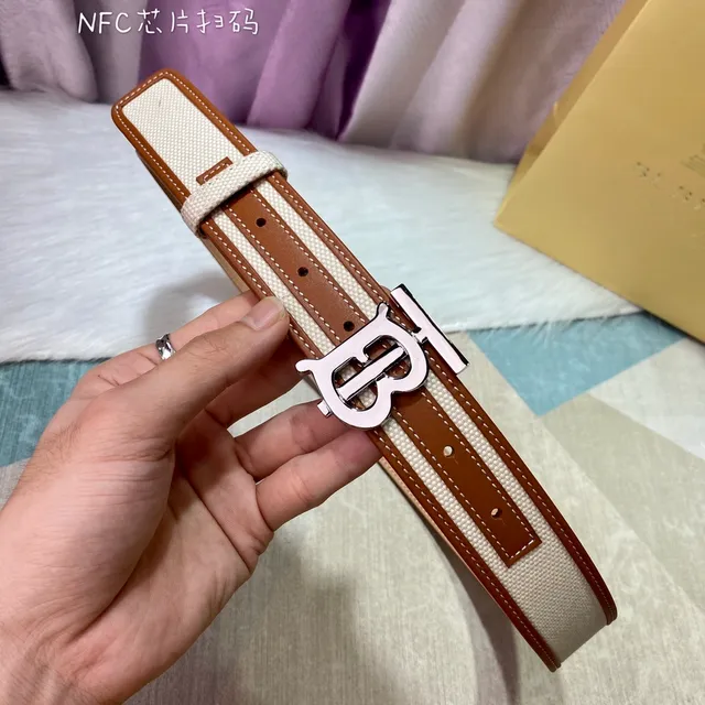 Burberry TB Monogram Cinto Bege Marrom Trimming de Couro Tecido Cinto de Lona 4