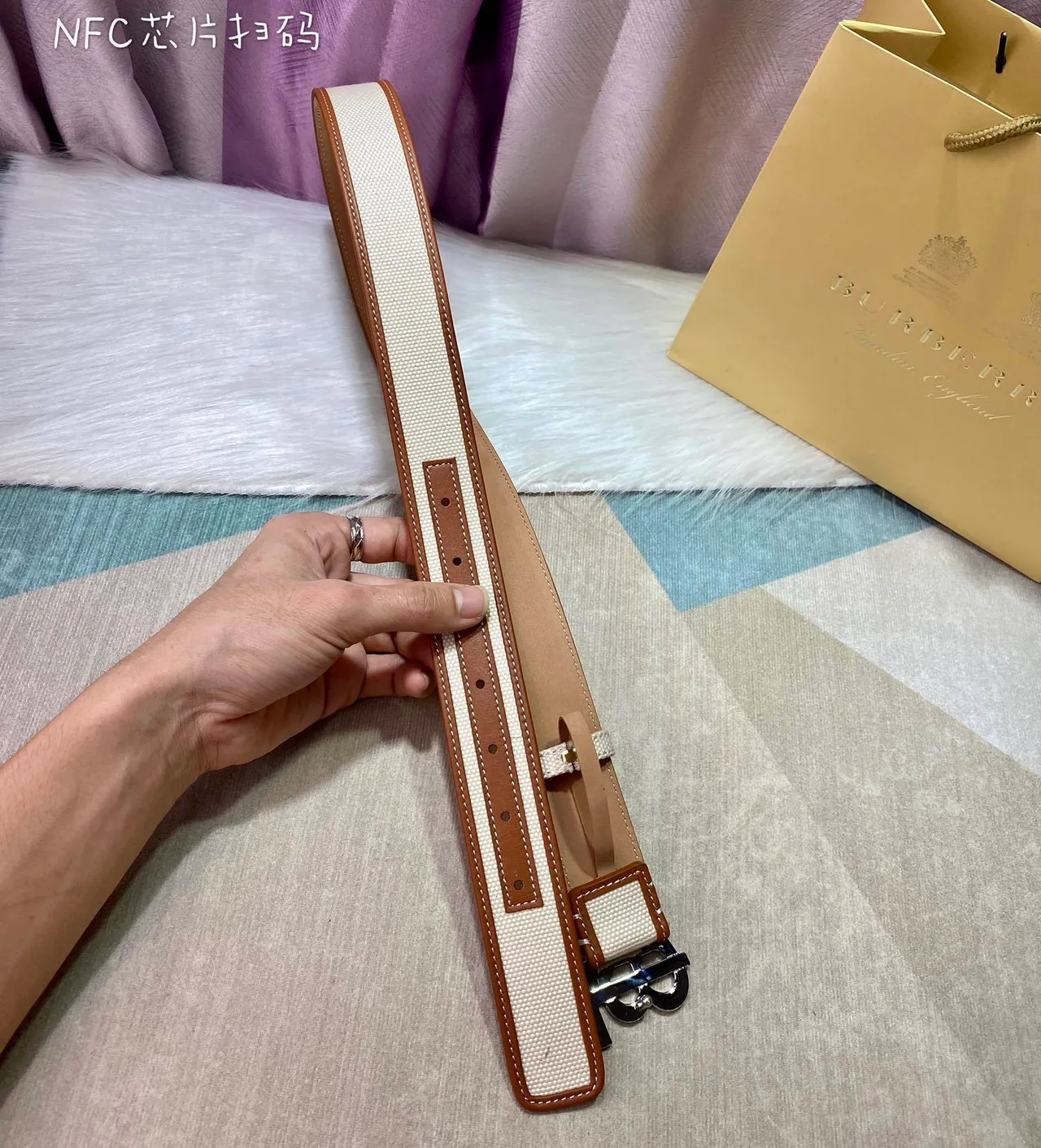 Burberry TB Monogram Cinto Bege Marrom Trimming de Couro Tecido Cinto de Lona 6