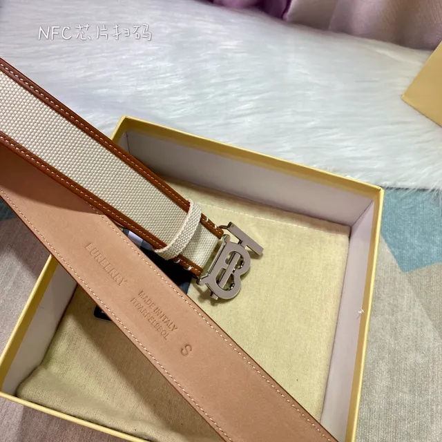 Burberry TB Monogram Cinto Bege Marrom Trimming de Couro Tecido Cinto de Lona 8