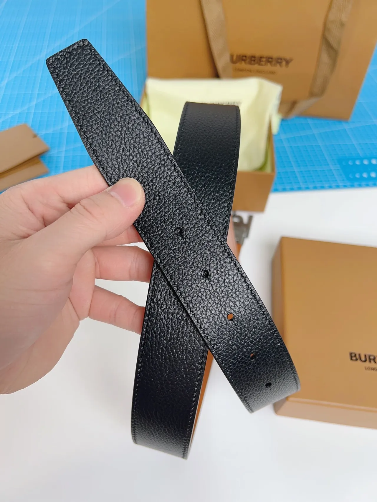 Burberry TB Monogram Black Pebbled Leather Belt 5
