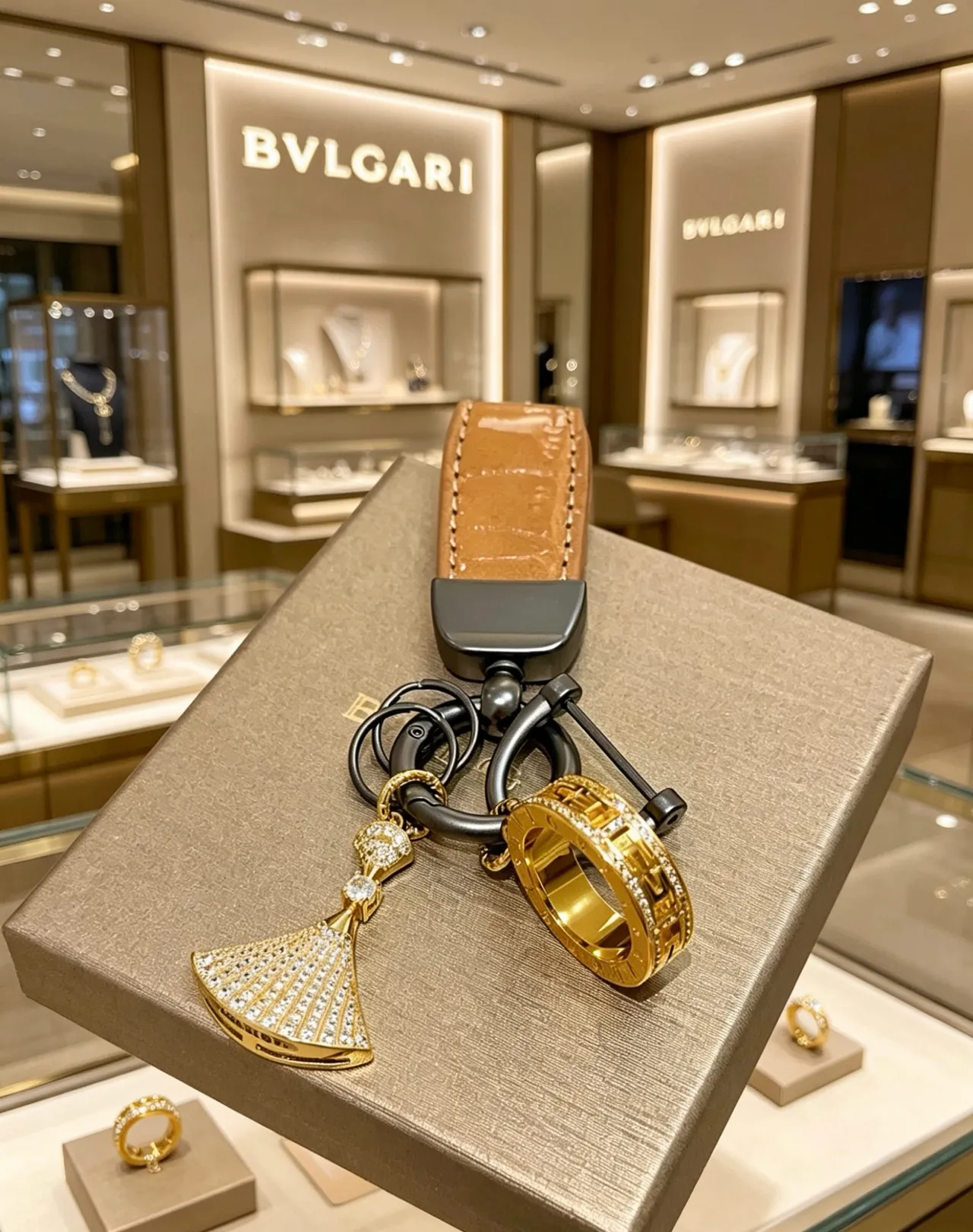 Bvlgari 黄金棕色 Pavé 扇形魅力 Greca-刻字戒指珠宝 2