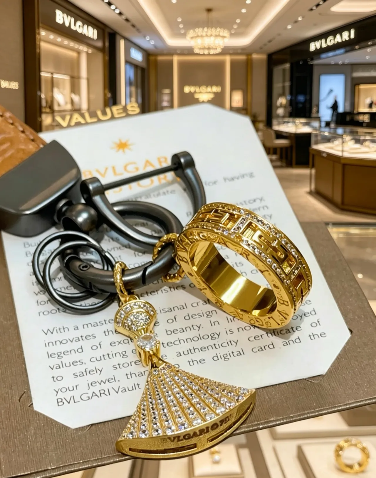 Bvlgari 黄金棕色 Pavé 扇形魅力 Greca-刻字戒指珠宝 3