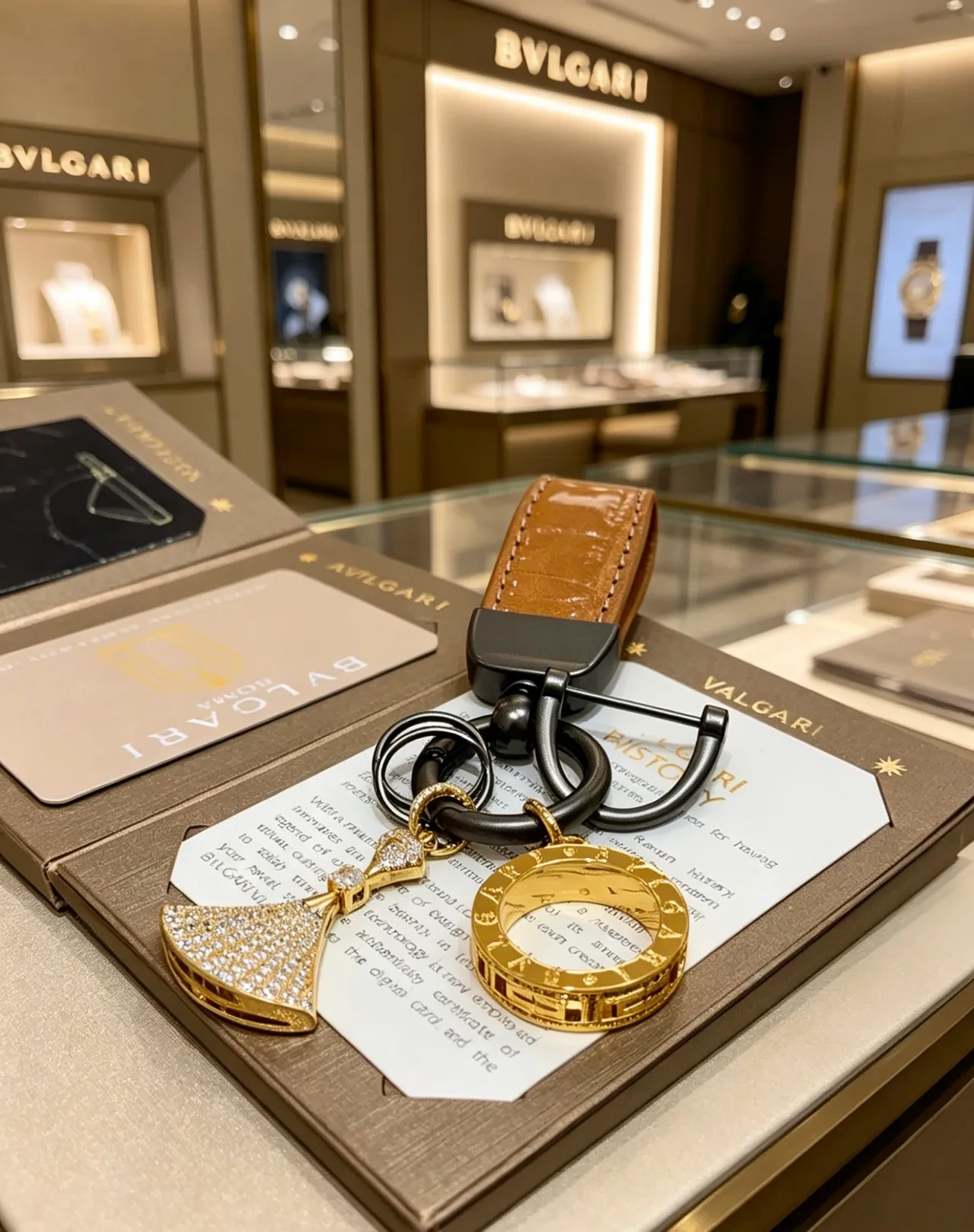 Bvlgari 黄金棕色 Pavé 扇形魅力 Greca-刻字戒指珠宝 4