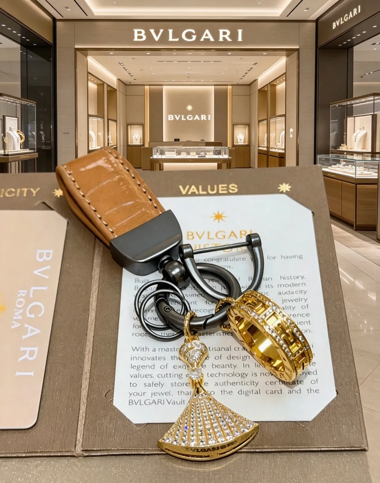 Bvlgari 黄金棕色 Pavé 扇形魅力 Greca-刻字戒指珠宝 5