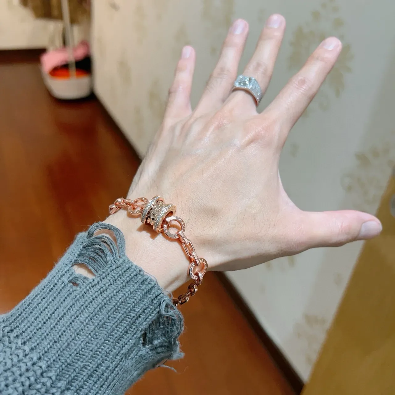 Bvlgari सोना चांदी चेन लिंक मल्टी रिंग घूमता सेंटरपिस ब्रेसलेट 8