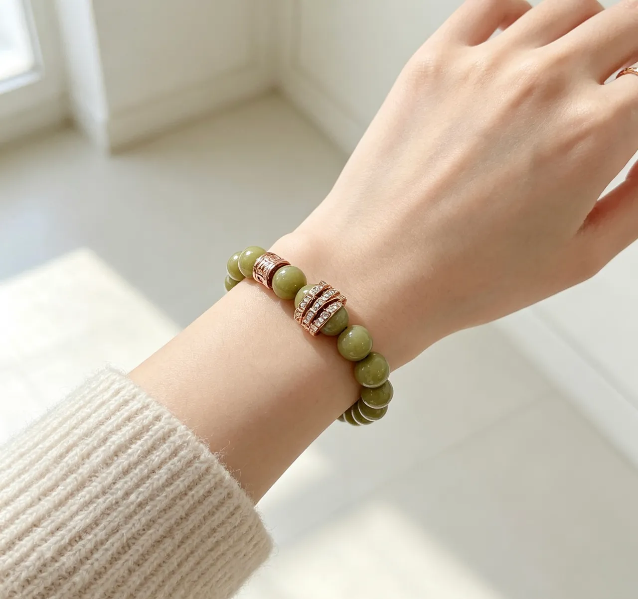Bvlgari Vert Or Perles Imitation Jade Accents Métal Rose Bracelet 3