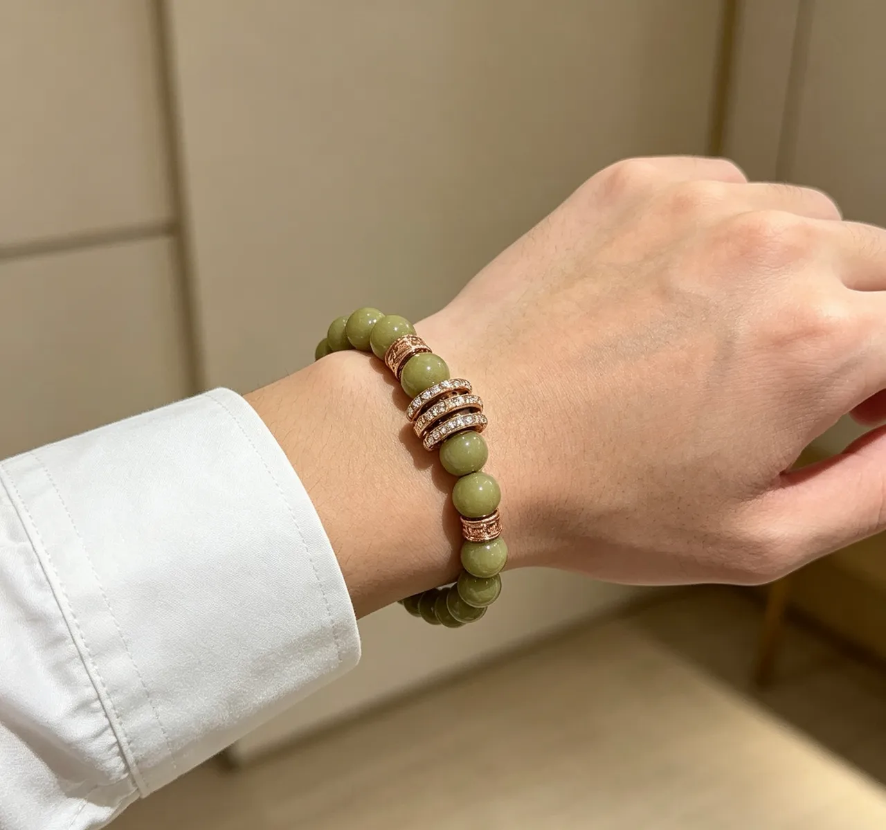 Bvlgari Vert Or Perles Imitation Jade Accents Métal Rose Bracelet 5
