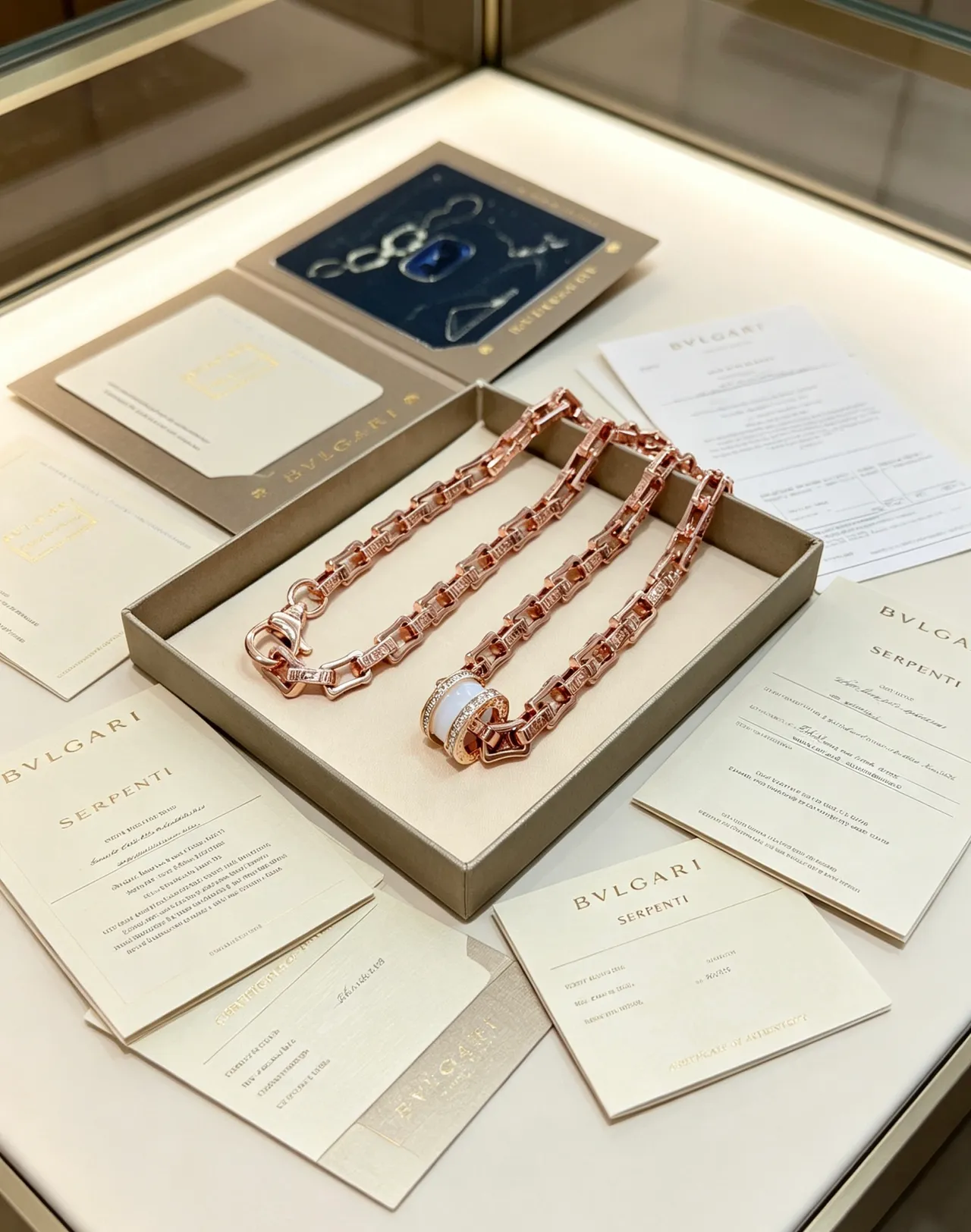 Bvlgari Serpenti Infinito قلادة ذهب وردي سيراميك أبيض وماس 2
