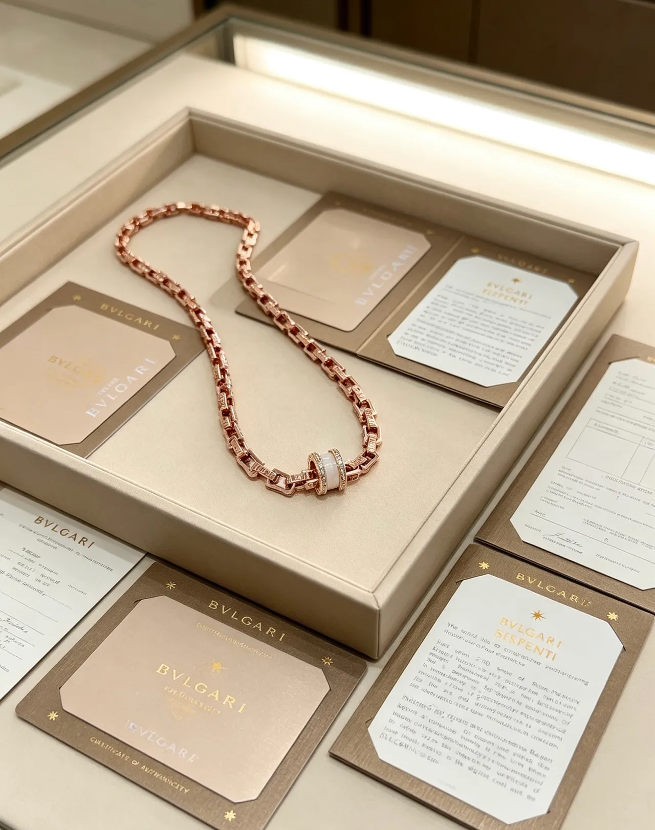 Bvlgari Serpenti Infinito قلادة ذهب وردي سيراميك أبيض وماس 9