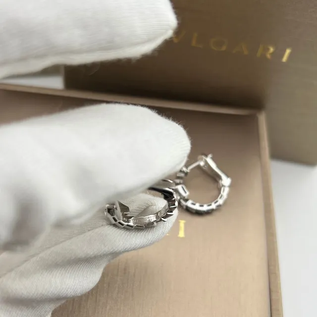 Bvlgari Serpenti Silver Gold Segmented Articulated Hoops Pavé-Set Rectangular-Cut Stones Earrings 2