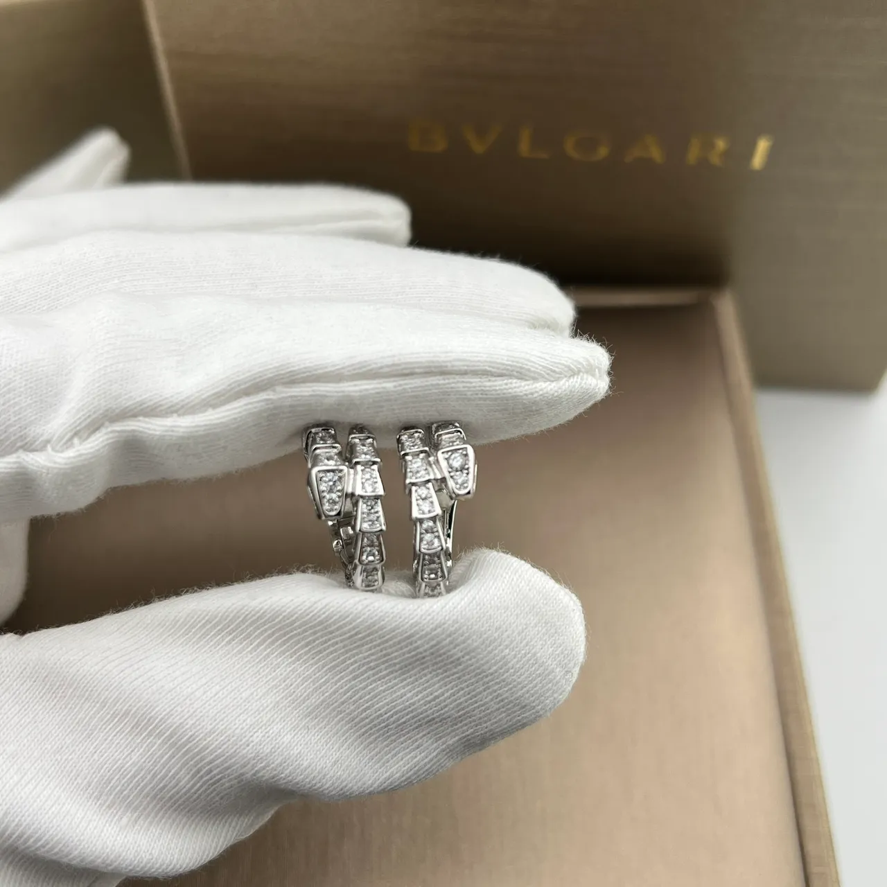 Bvlgari Serpenti Silver Gold Segmented Articulated Hoops Pavé-Set Rectangular-Cut Stones Earrings 4