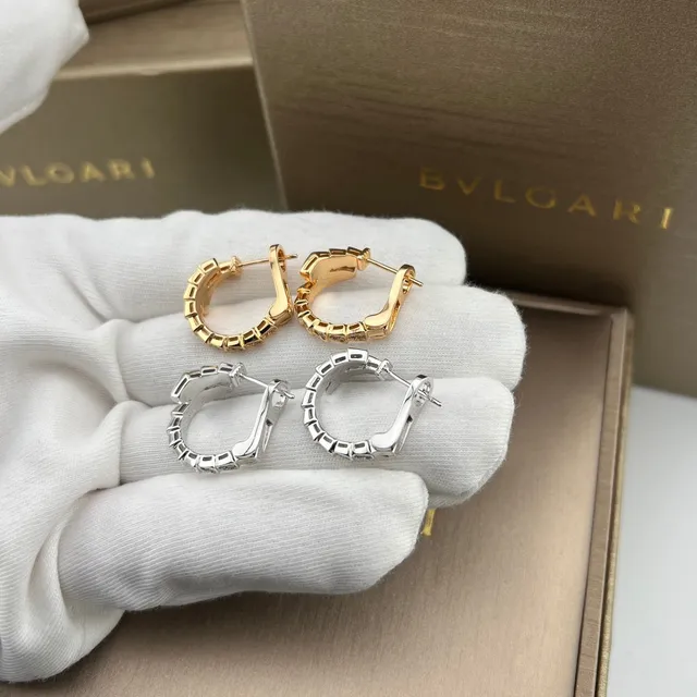 Bvlgari Serpenti Silver Gold Segmented Articulated Hoops Pavé-Set Rectangular-Cut Stones Earrings 5