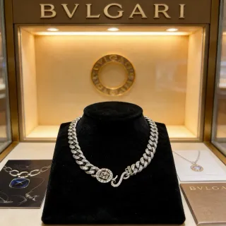 Bvlgari Silver Gold Pavé-Diamond Curb Chain Geometric Grecian-Key Clasp Necklace
